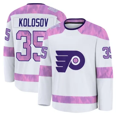 White Men's Aleksei Kolosov Premium Philadelphia Flyers 2024 Hockey Fights Cancer Practice Jersey