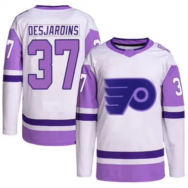 White/Purple Men's Eric Desjardins Authentic Philadelphia Flyers Hockey Fights Cancer Primegreen Jersey