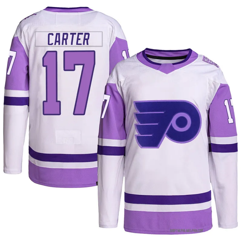 White/Purple Men's Jeff Carter Authentic Philadelphia Flyers Hockey Fights Cancer Primegreen Jersey