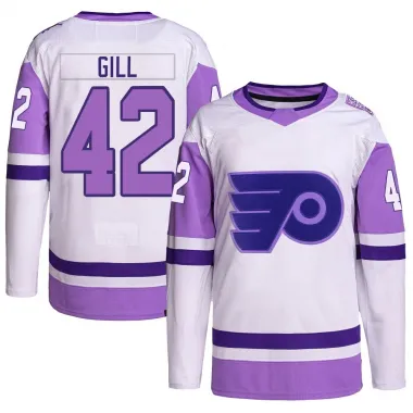 White/Purple Men's Spencer Gill Authentic Philadelphia Flyers Hockey Fights Cancer Primegreen Jersey