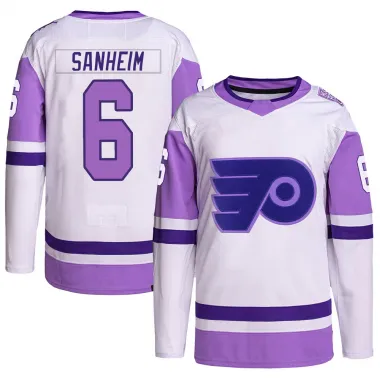 White/Purple Men's Travis Sanheim Authentic Philadelphia Flyers Hockey Fights Cancer Primegreen Jersey