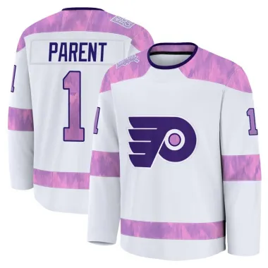 White Youth Bernie Parent Premium Philadelphia Flyers 2024 Hockey Fights Cancer Practice Jersey