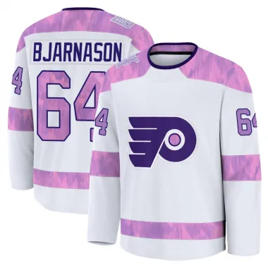 White Youth Carson Bjarnason Premium Philadelphia Flyers 2024 Hockey Fights Cancer Practice Jersey