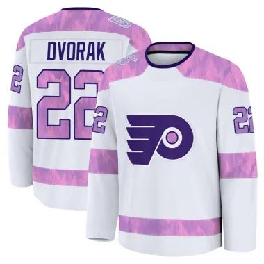 White Youth Christian Dvorak Premium Philadelphia Flyers 2024 Hockey Fights Cancer Practice Jersey
