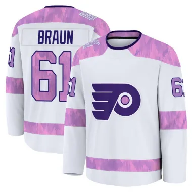 White Youth Justin Braun Premium Philadelphia Flyers 2024 Hockey Fights Cancer Practice Jersey